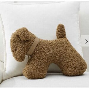 POTTERY BARN BROWN DOODLE DOG PLUSH PILLOW CURLY PLUSH COLLAR BELL